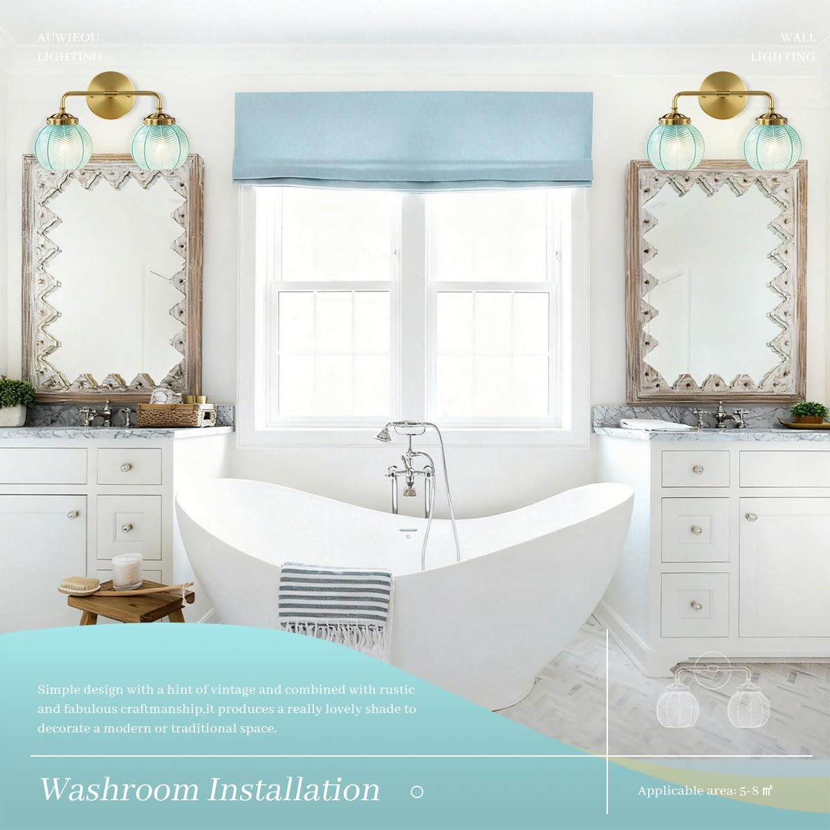 2 light bathroom vanity light gold wall sconce with Blue Glass Shade globe wall sconces mid century wall light vintage wall sconce art deco Bathroom Lights Over Mirror for Bedroom Hallway Living Room