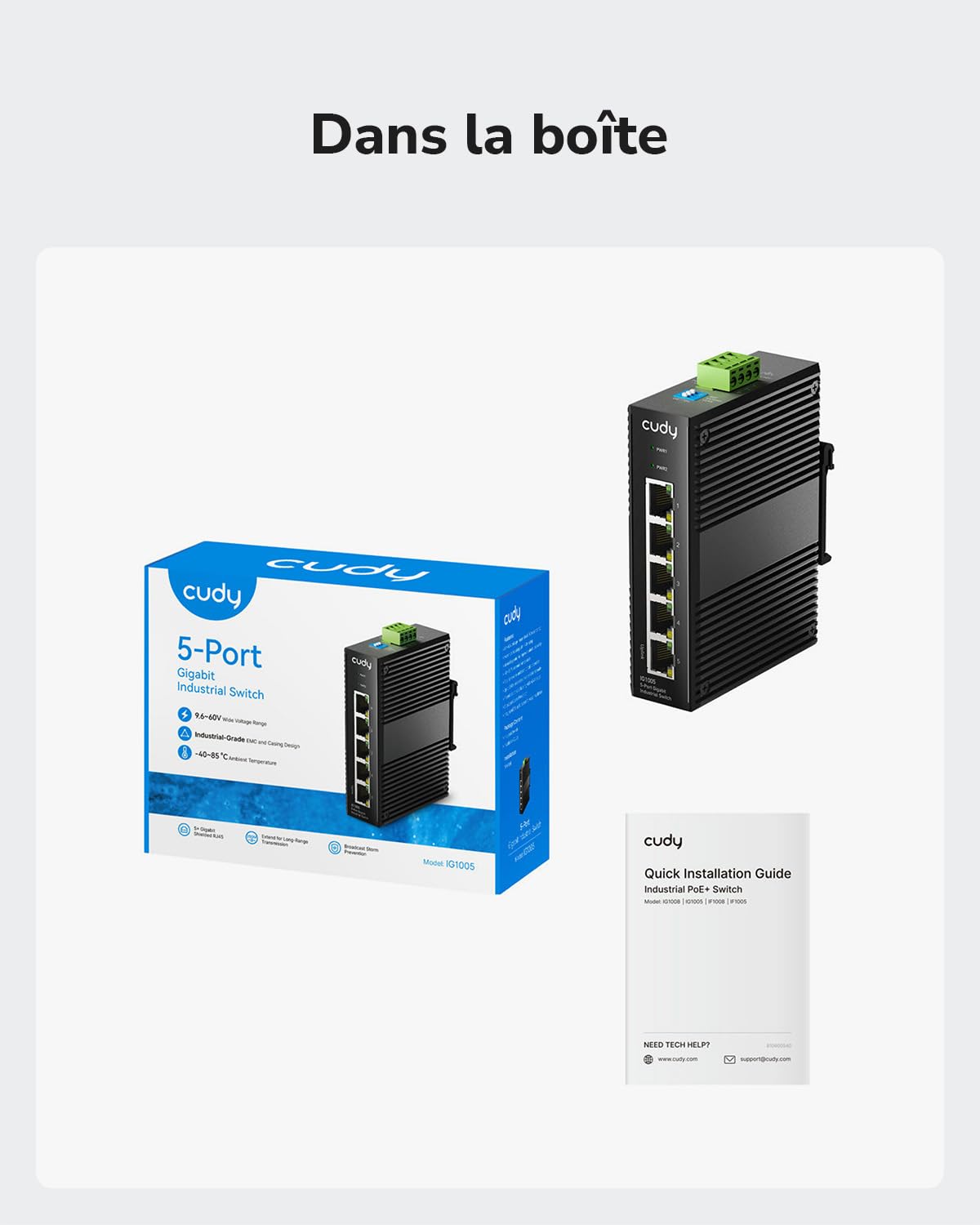 Cudy Switch Industriel 5 Ports Gigabit, Rail DIN IP40, Protection Contre l'inversion de polarité et Contre Les Courts-Circuits, prévention des tempêtes Broadcast, IG1005 | 5 ports GbE robustes, isolation des ports / mode DIP 250 m, Plug & Play, IP40, -40