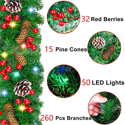 CLSDRZC Wieniec bożonarodzeniowy 2. 7 M Świąteczny wieniec z rattanu LED Sztuczny zielony rattan sosnowy z jagodami i szyszkami Wiszą ozdoby Domowe przyjęcie noworoczne Dekoracje Wianek