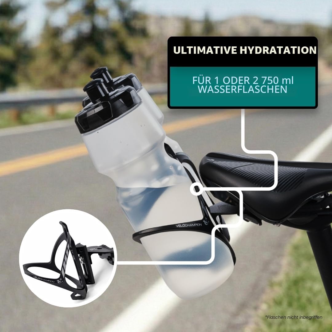 VeloChampion Universal Fahrrad-Flaschenhalter | Hinter Sattel Hydrationshalter für Triathlon & Rennrad | Für 1–2 Flaschen 750ml & CO2 | Passend Sattelstreben 50–80 mm (Premium, Aluminium, Schwarz)