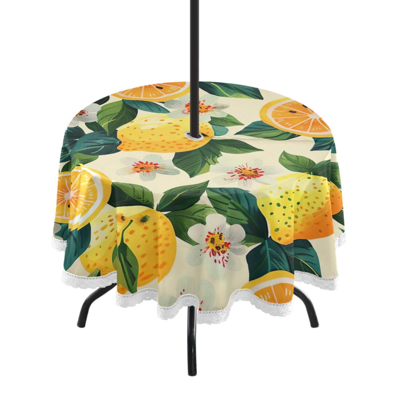 Wajiw 60 Inch Indoor Outdoor Round Tablecloth with Umbrella Hole and Zipper Waterproof Patio Table Cover for Camping Dining Room Party Outdoor Picnic,Lemons