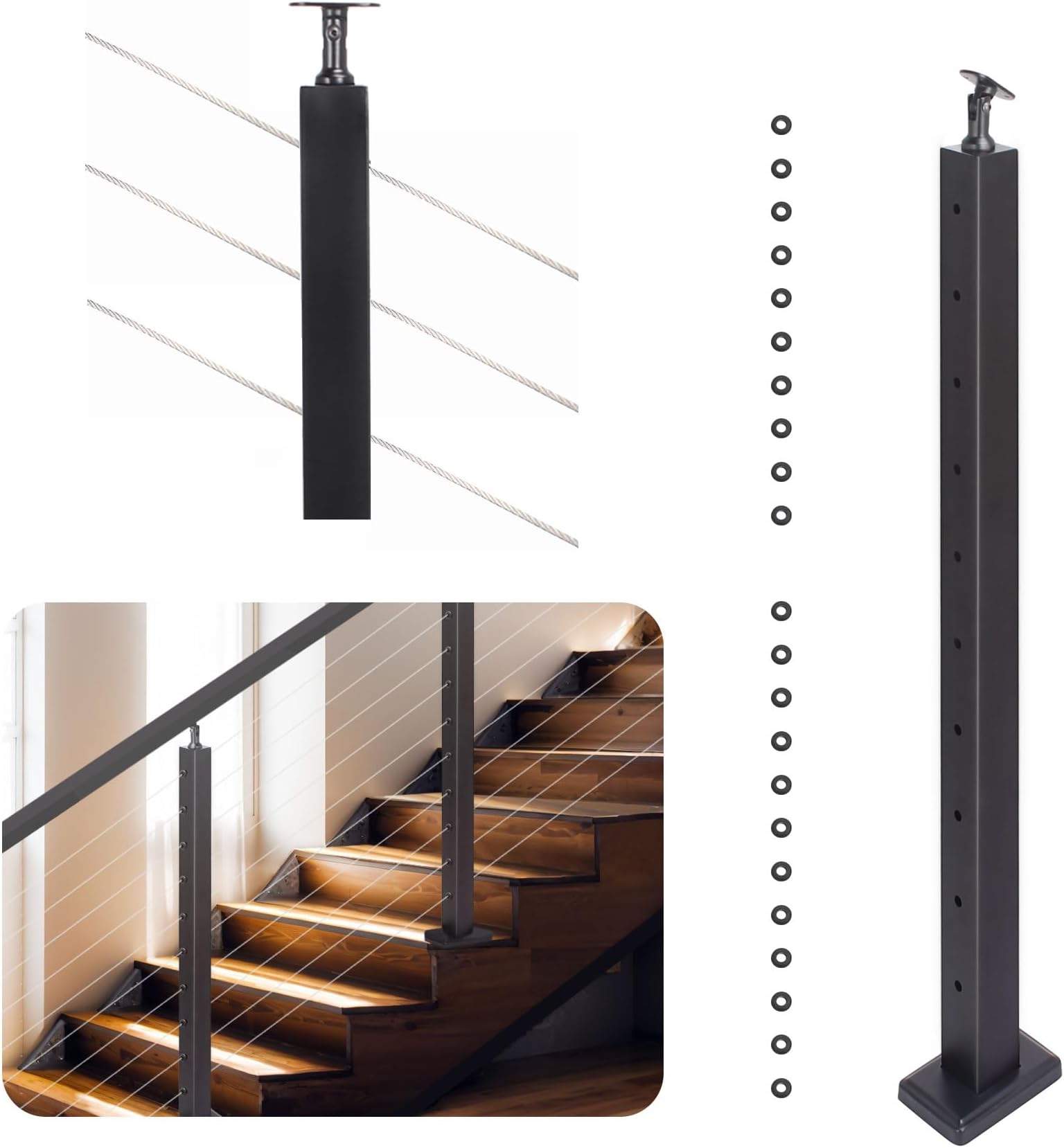 36" Stair Post 30°-Drilled Side Cable Railing Stainless Steel Adjustable Line Angle Post Black Stair Railing System kit,P03-Matte Black Finish