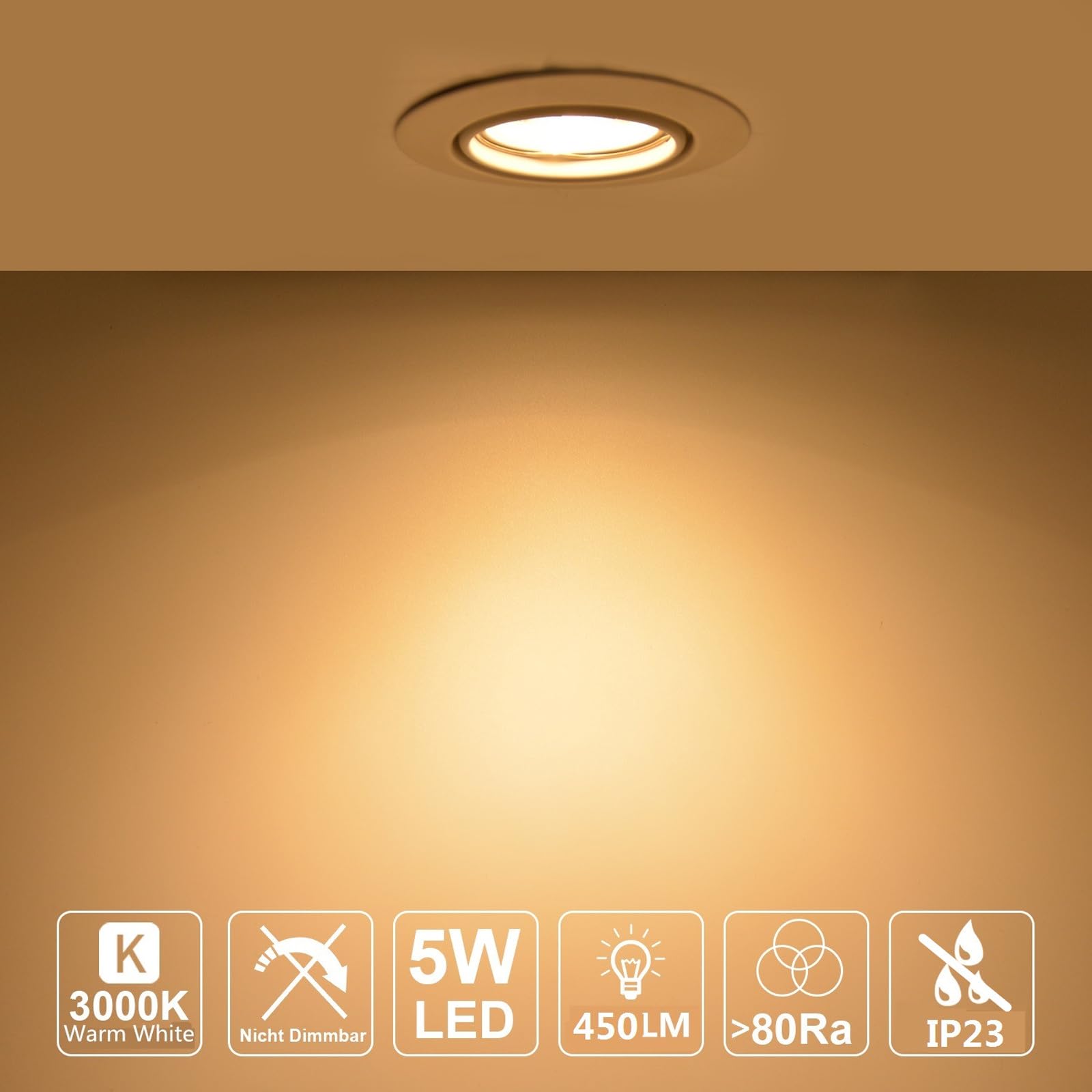 HiBay 8er Ultra Flach LED Einbaustrahler 5W Warmweiß Deckenstrahler 230V Edelstahl Gebürstet Einbauleuchten 40° Schwenkbar Einbauspots