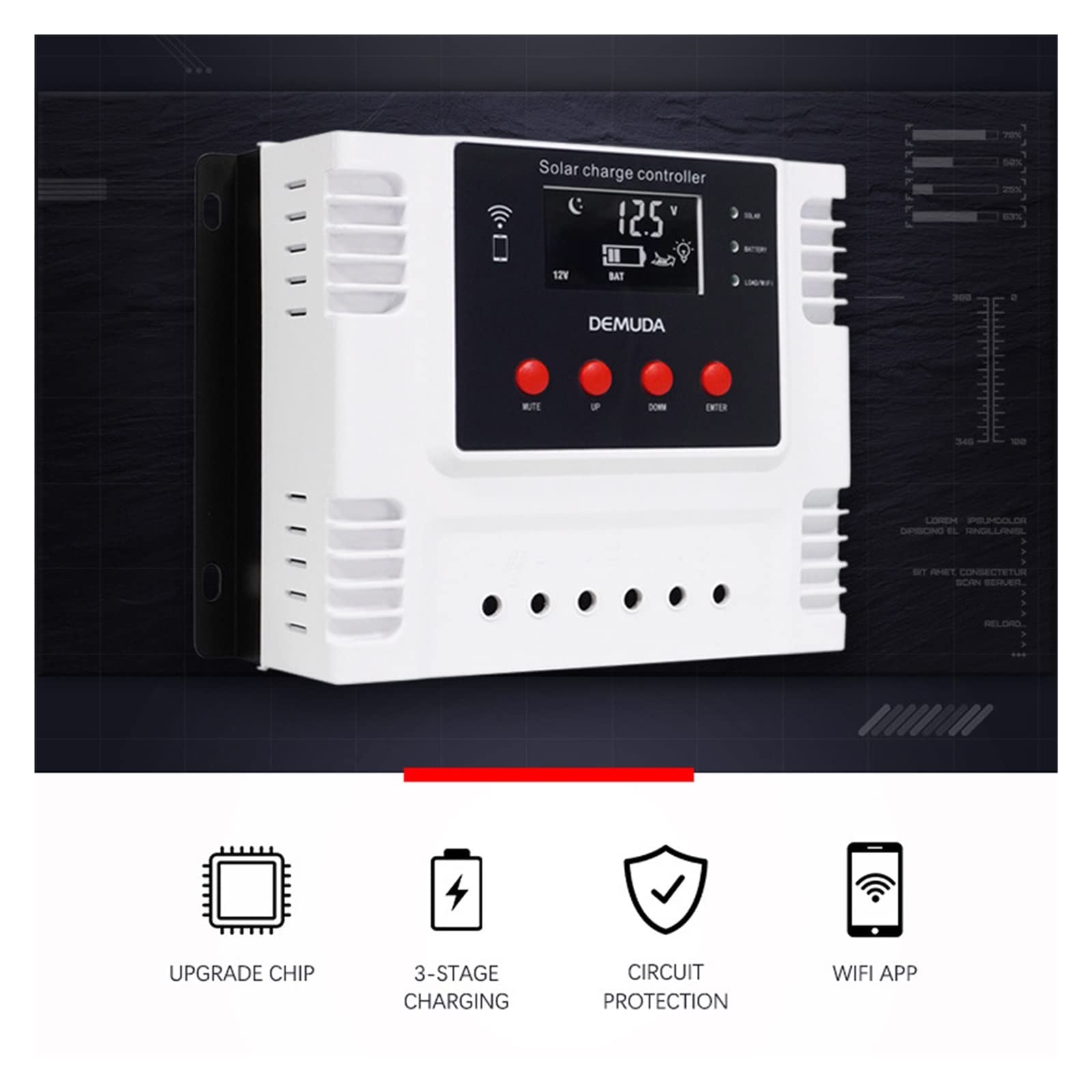 Controlador de carga solar Controlador de carga solar MPPT Control de aplicación de teléfono móvil 20/30/40/50/60A Controladores de 12V / 24V Pantalla LED de monitoreo de datos en tiempo real Controla