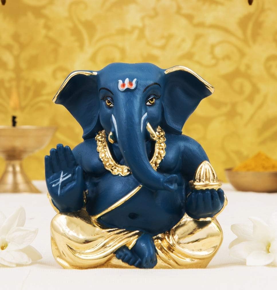 Gold Art India Car Dashboard Idol, 7 x 4 x 6 cm, Gold Dark Blue Ganesh Idol for Car Dashboard Ganesha Murti Ganpati Idol for Home Decor Puja Lord Ganesh Statue Gift for Office Desk Puja Room Figurine