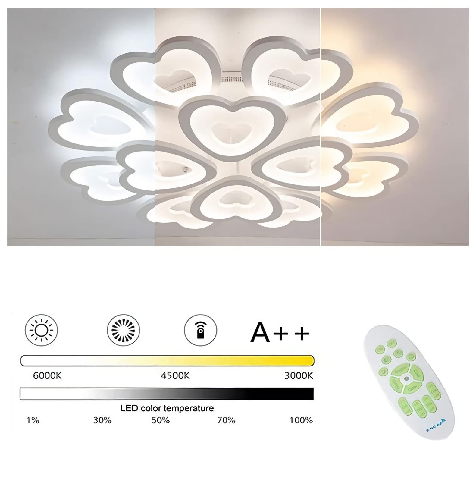Nowoczesna lampa sufitowa do montażu podtynkowego, ściemniana lampa sufitowa LED w kształcie kwiatu z pilotem, metalowy żyrandol akrylowy do jadalni sypialnia wystrój salonu (biały), miłość 85x12cm