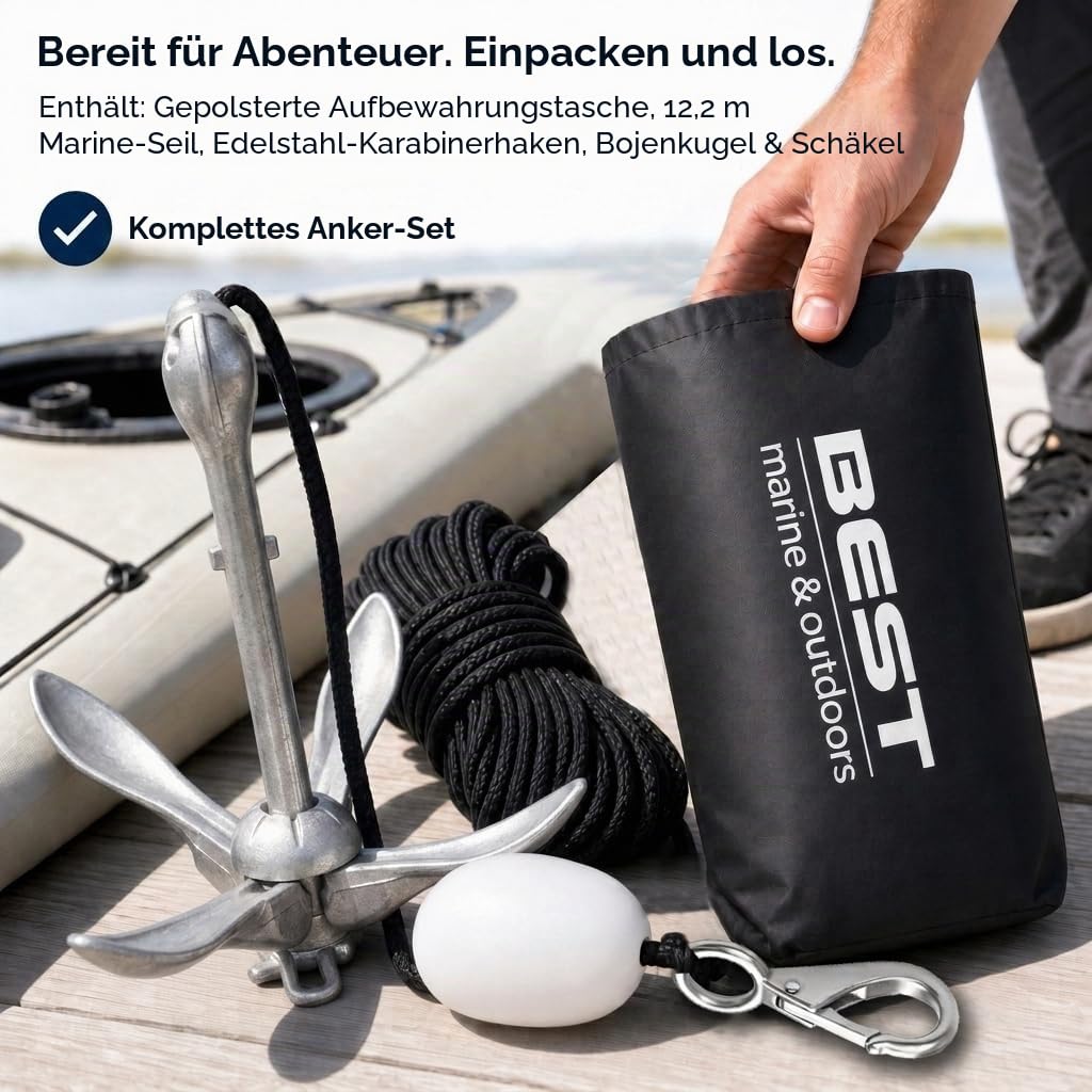 Best Marine and Outdoors Kajak-Anker, 1,6 kg schweres Ankersystem-Set für Kajaks, Kanus, SUP Paddle Boards & Jetski, Angeln, Bootfahren & Kajakzubehör