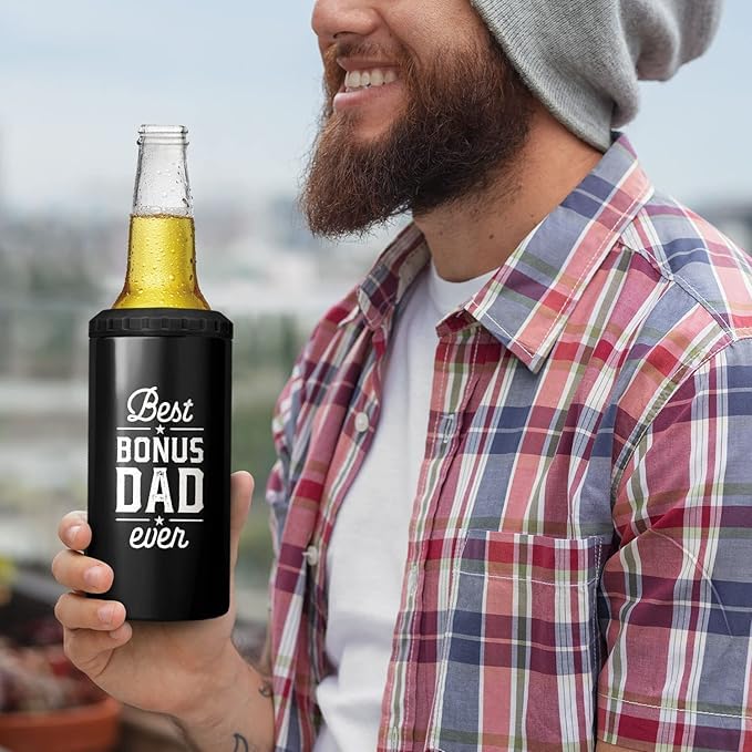 Image of SANDJEST Bonus Dad Tumbler Gifts from Step Daughter Son - 12oz 4 in 1 Design Step Father Tumbler Cup Can Cooler - Best Bonus Dad Ever Insulated Cans Coozie Christmas, Birthday, Father's Day Gift