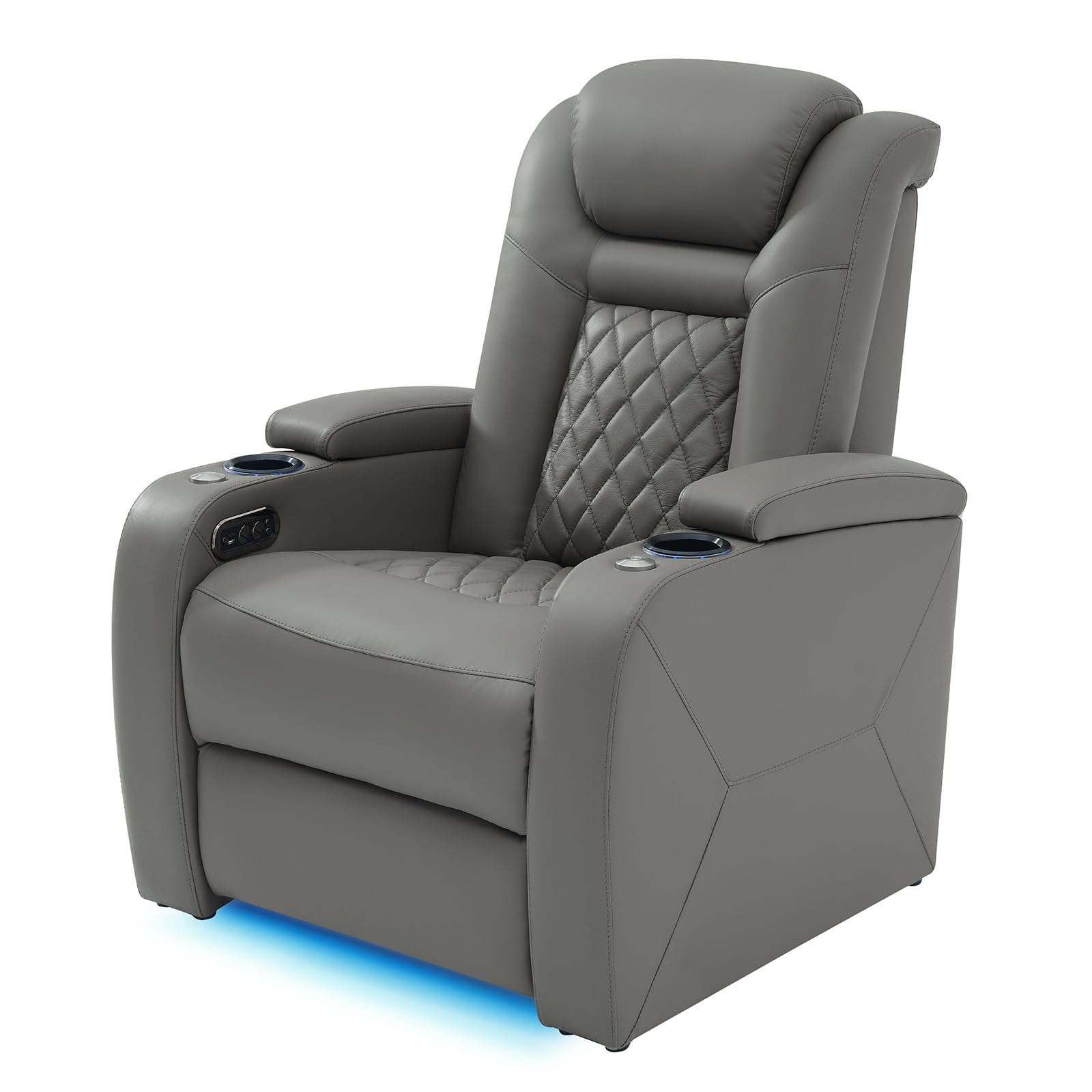 Home Theater Seating, Classic Series Leather Movie Theater Chairs, Power Headrest and Memory with C-Type USB Charger, 7Color Ambient Lighting and Tray Table, Gray Power Adjustable Recliner(Row of 1)