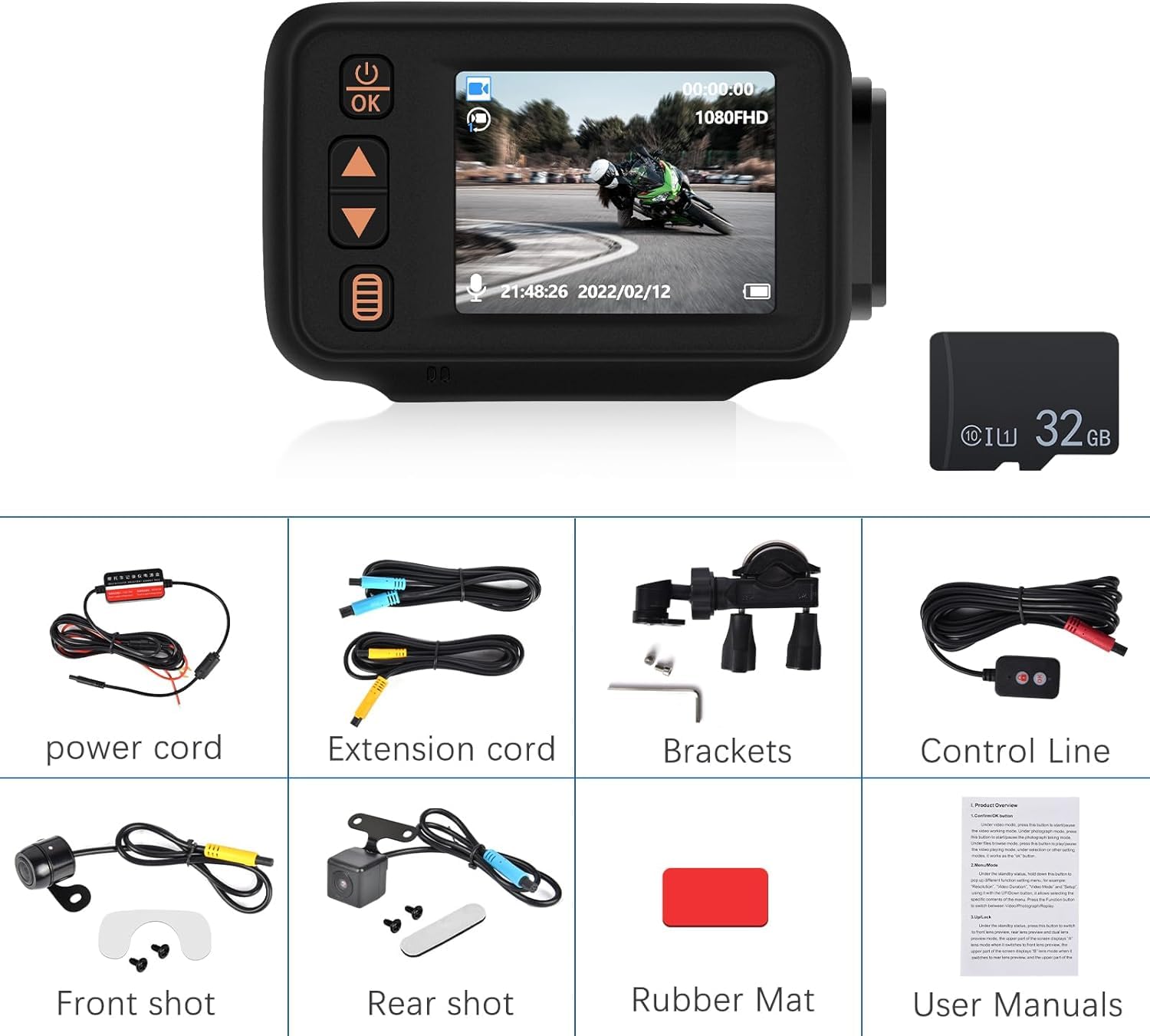 CAMECHO Dash CAM para Moto, Impermeable Total Videocamera Motocicletta AHD 1080P Cámara Delantero y Trasero 150° con GPS Integrado, Wi-Fi, Mando a Distancia con Cable+32GB TF Card