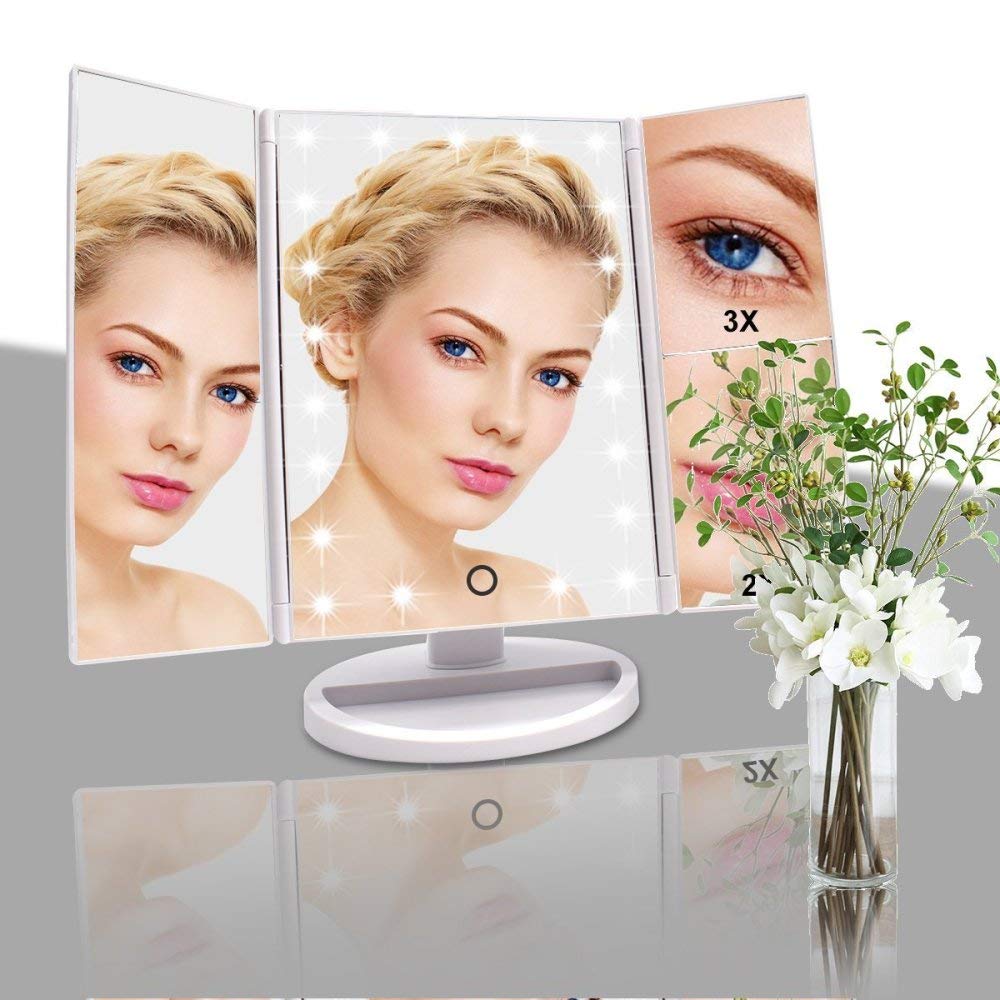 XINYU Espejo De Maquillaje De Tres Pliegues Pantalla Táctil LED Espejo De Maquillaje Lupa De Escritorio Portátil Giratoria De 180 °Se Puede Utilizar para Afeitar Maquillaje Y Cuidado Facial,Black
