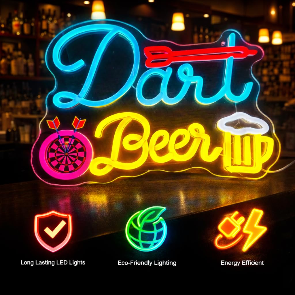 Panneau lumineux néon sur la bière – Cible de fléchettes néon LED et bière, décoration murale pour bar, salle de fête, cave, pub, salle de jeux, cadeau pour les fans de fléchettes et de bière