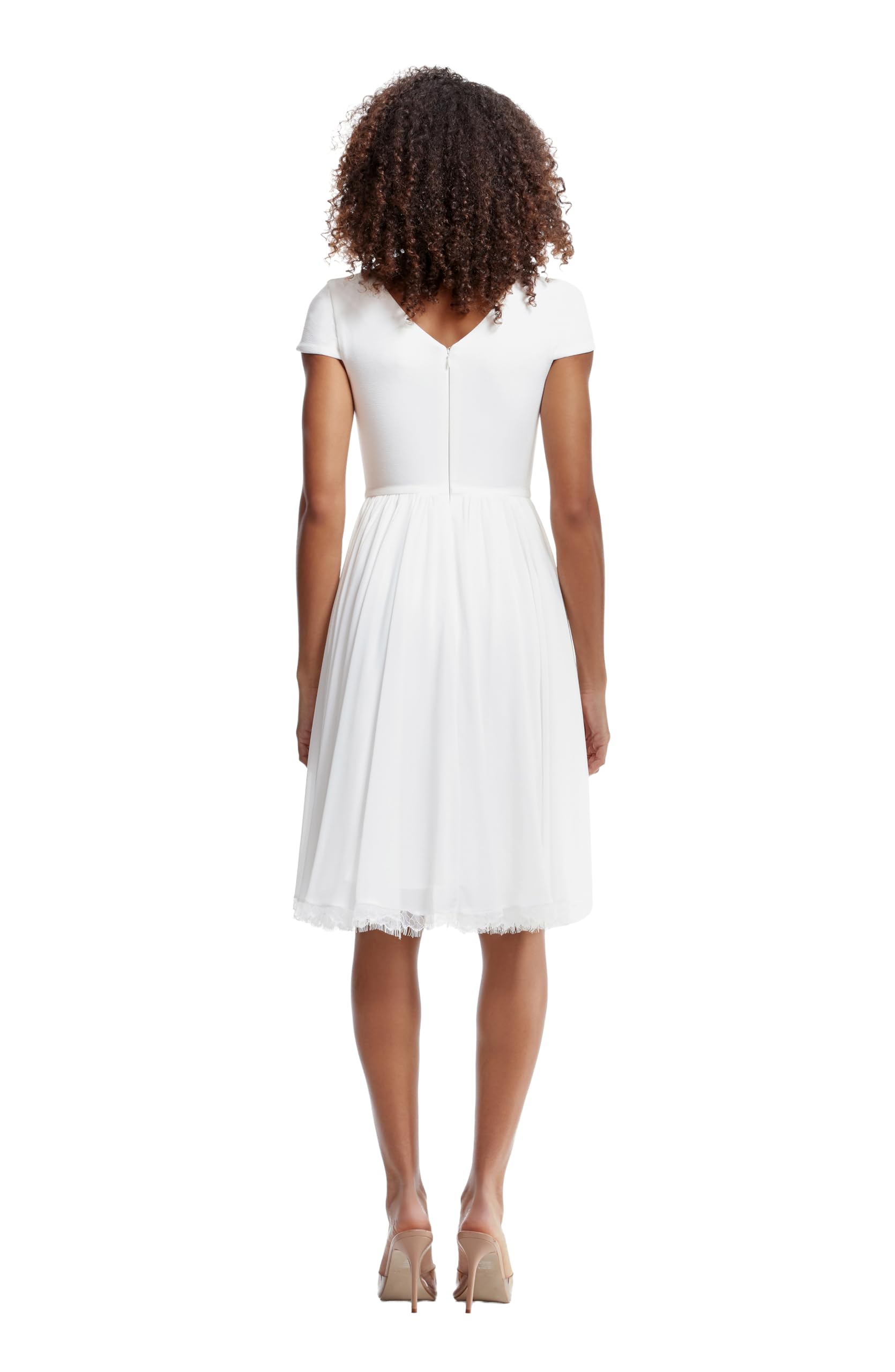 Dress the Population Corey Plunging Mix Media Cap Sleeve A-Line Midi Dress Vestido Mujer