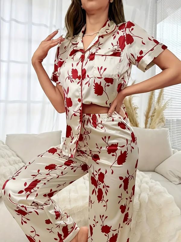 Image of Night Suit for Women with Full Sleeve Button-Down Top with Pant Dress for Woman,Night Dress for Woman, Two-Piece Loungewear Set