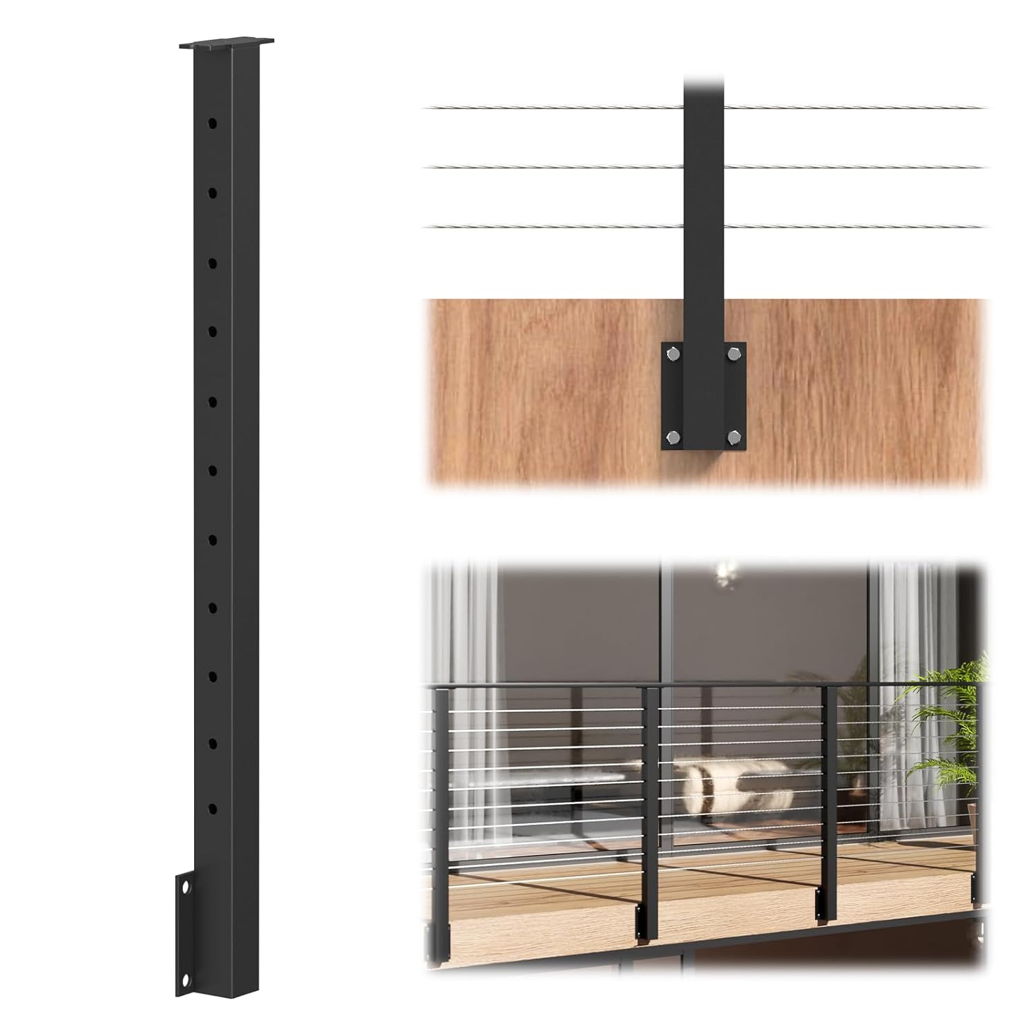 BLIKA 36" Side Mount Cable Railing Posts, Stainless Steel, Level Drilled Fascia Mount Deck Post for Cable Railing Kit, Black Powder Coated Side Mount Line Posts 44"x2"x2" Level Post-1 Pack