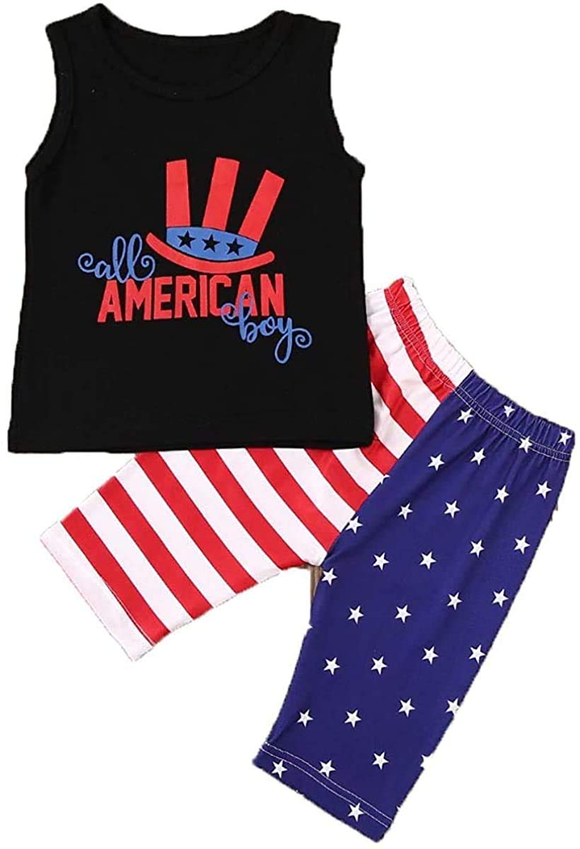 4th of July Toddler Baby Boys American Flag Clothes Sleeveless Tank Top Striped Stars Shorts Summer Outfit Set (American,3-6 Months)