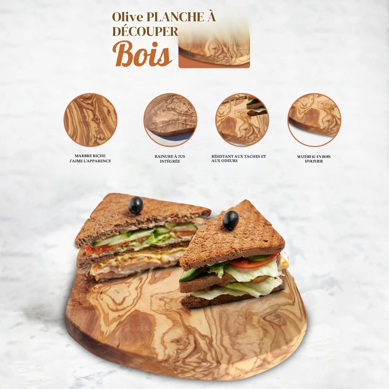 Planche en bois d'olivier - Planche à découper en bois d'olivier - Planche à petit-déjeuner - Planche à steak (35L x 18B cm)