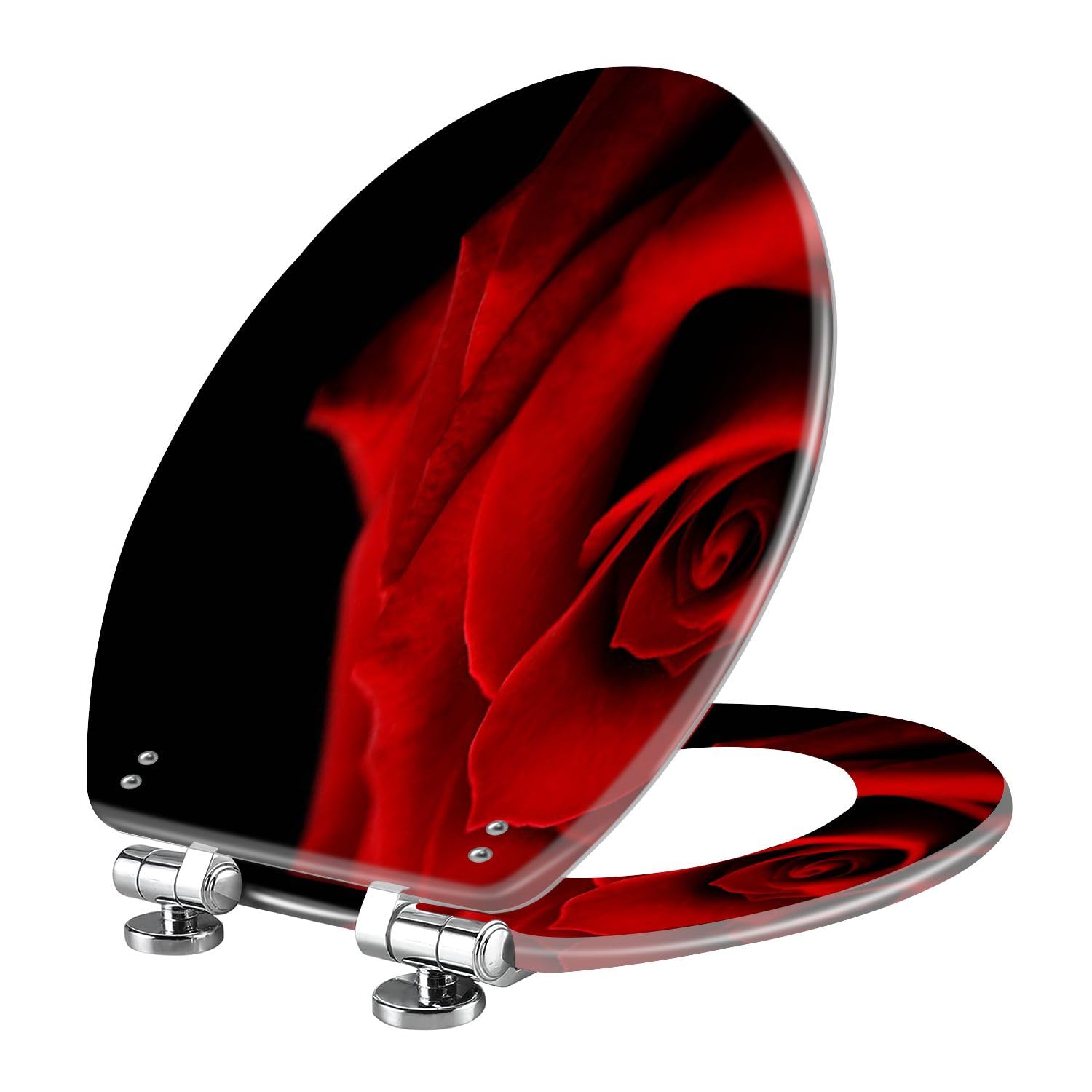 Resin Elongated Toilet Seat with Cover Quiet Close Quick Release Hinges Flower red against black Decorative Toilet Seat Easy to Clean Install Home Decor