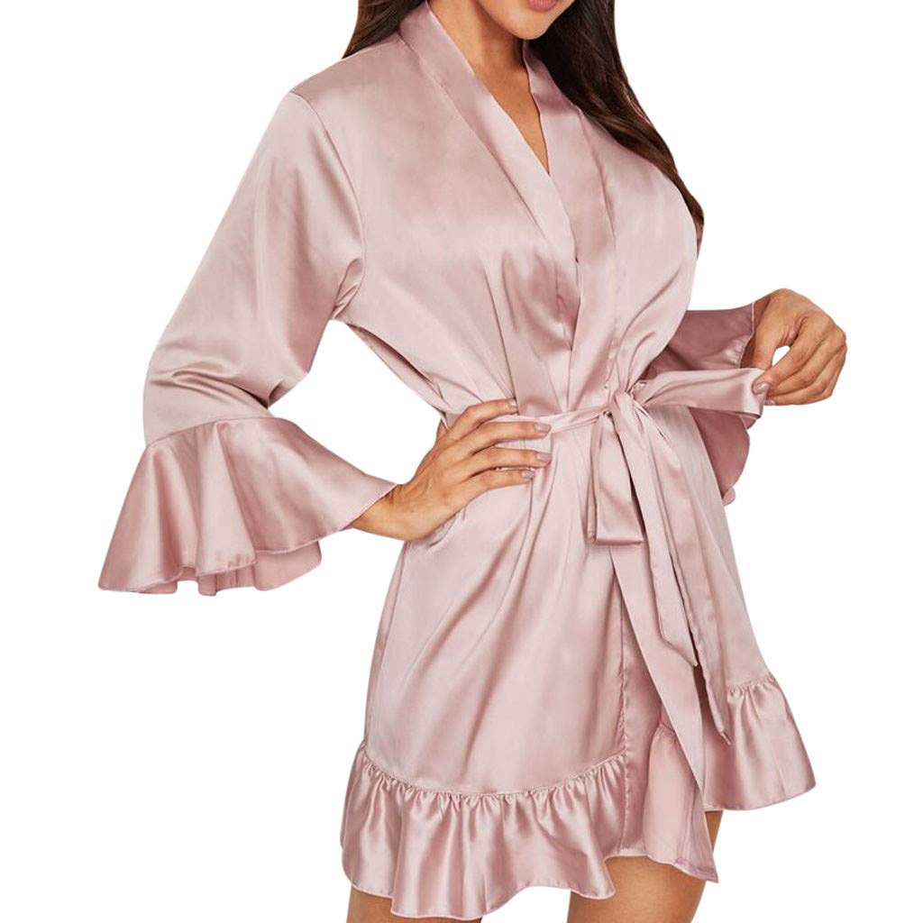 Lethez Women's Wrap V-Neck Pure Color Ruffles Short Satin Kimono Robes with Belt Bathrobe Bridesmaids Lingerie (2XL, Pink)