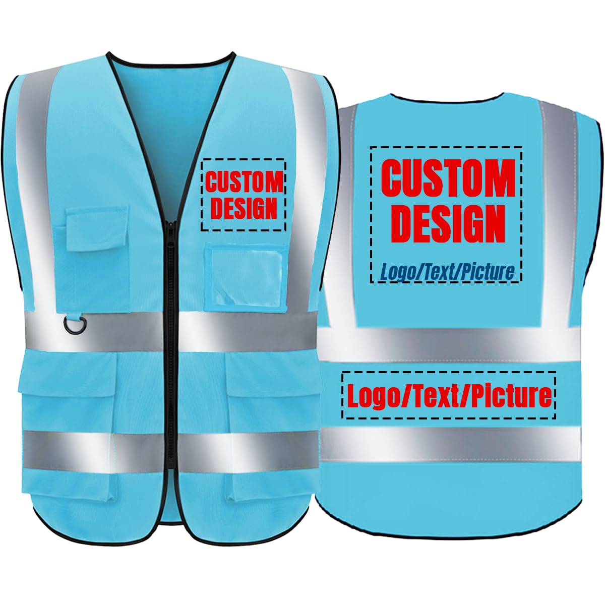 BeautyWill Safety Vest Custom Logo Class2 High Visibility Reflective Vest with 5 Pockets Construction Security Work Vest ANSI/ISEA Standards（Blue，4XL