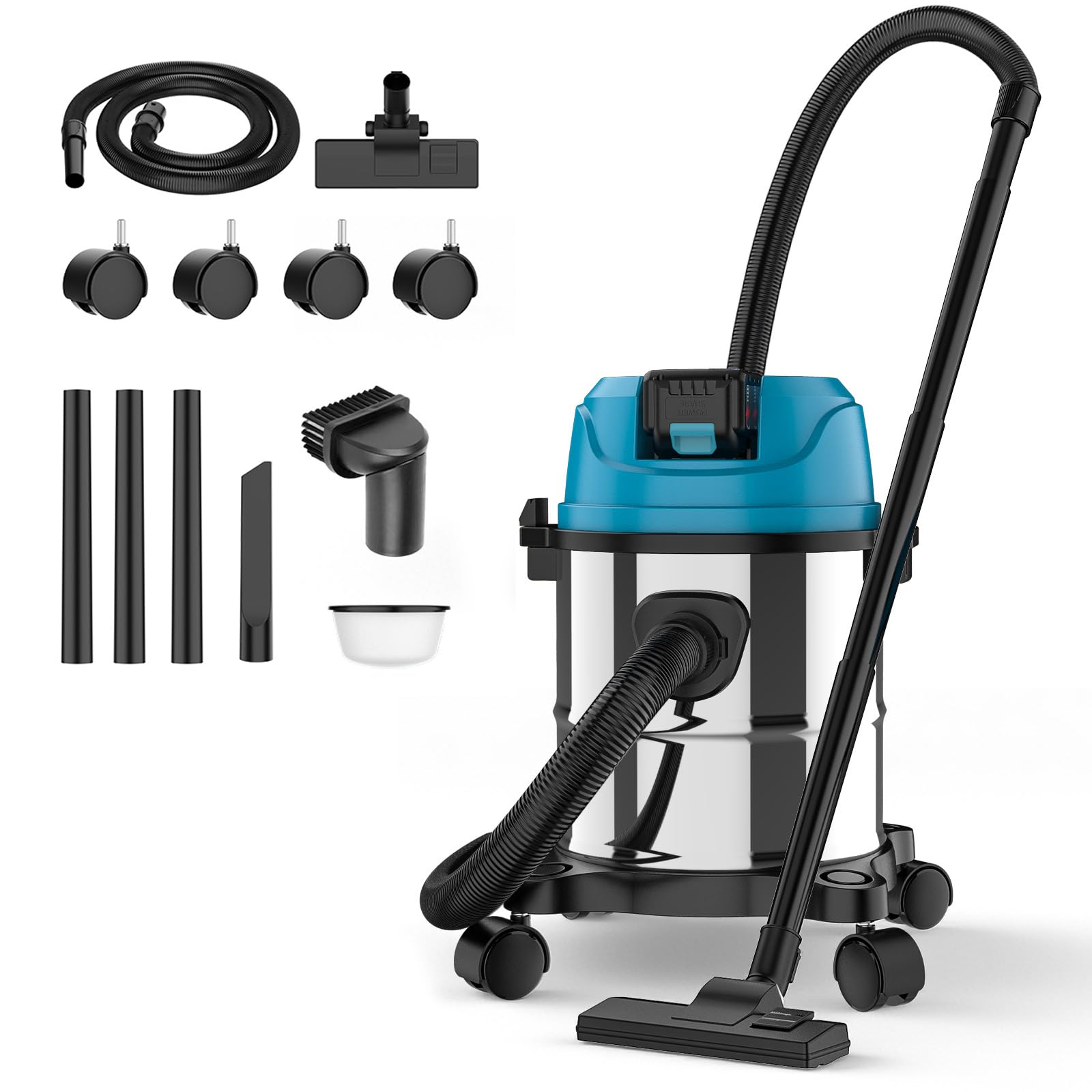 Aspirador en seco y húmedo para batería Makita de 18 V, aspiradora industrial con accesorios de boquilla, depósito de acero inoxidable de 15 l, filtro de cartucho, para casa y fábrica (sin batería)
