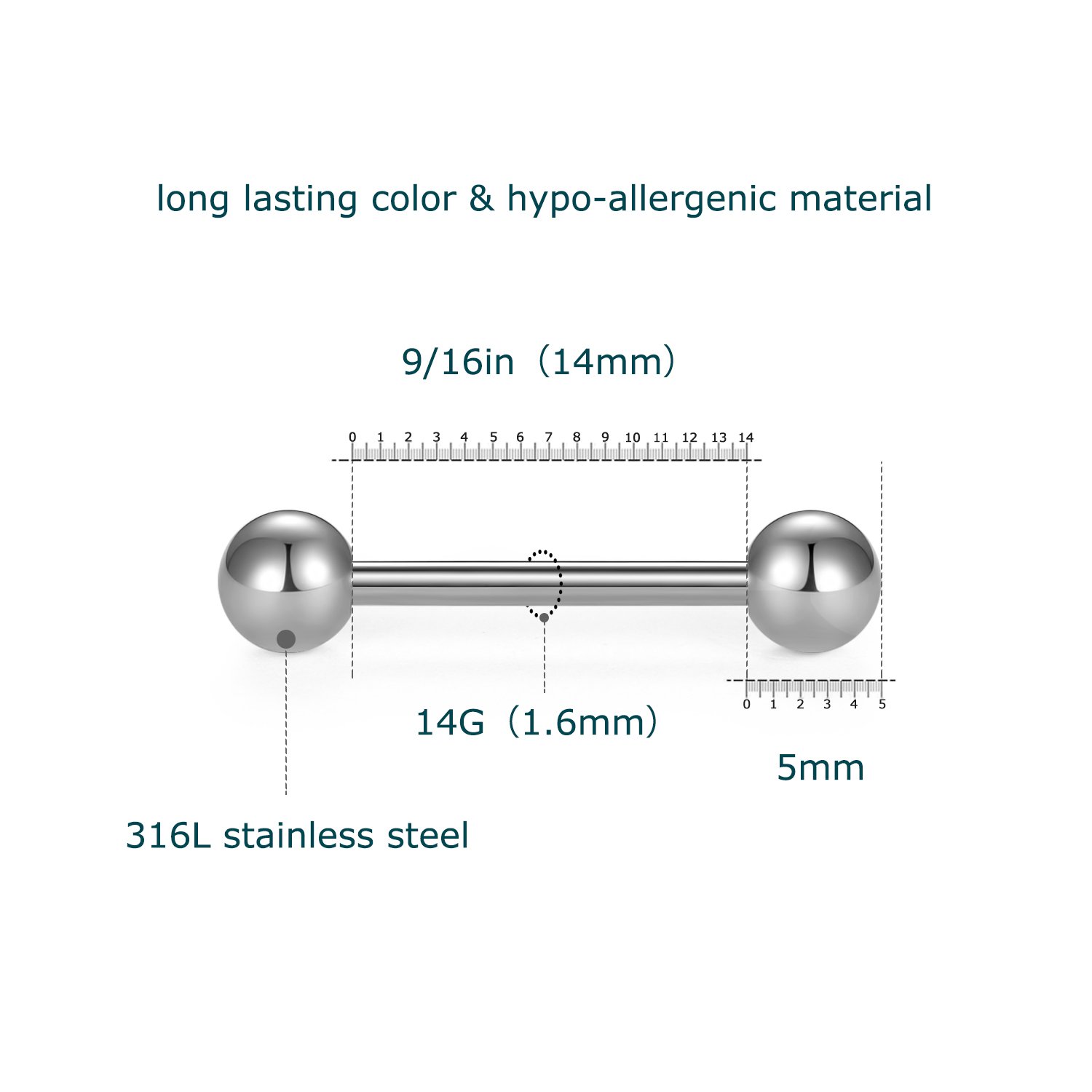VCMART 12mm-18mm 14G Tongue Rings Nipple Straight Barbells Surgical Steel Body Piercing Jewelry: 14.0 Millimeters Style A -9pcs