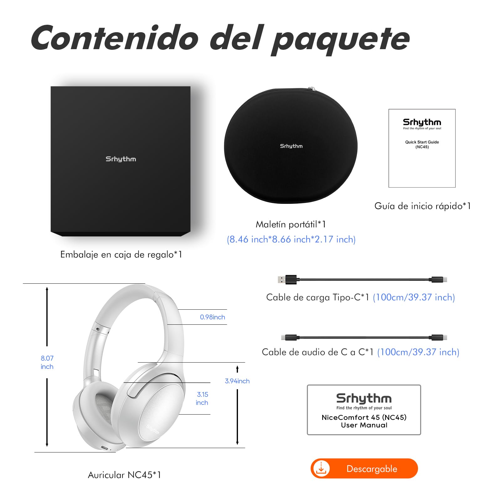 Srhythm NC45 Auriculares con cancelación Activa de Ruido, Auriculares inalámbricos Bluetooth sobre la Oreja con micrófono de Graves Profundos, Plegables y duraderos, Tiempo de reproducción de 40H
