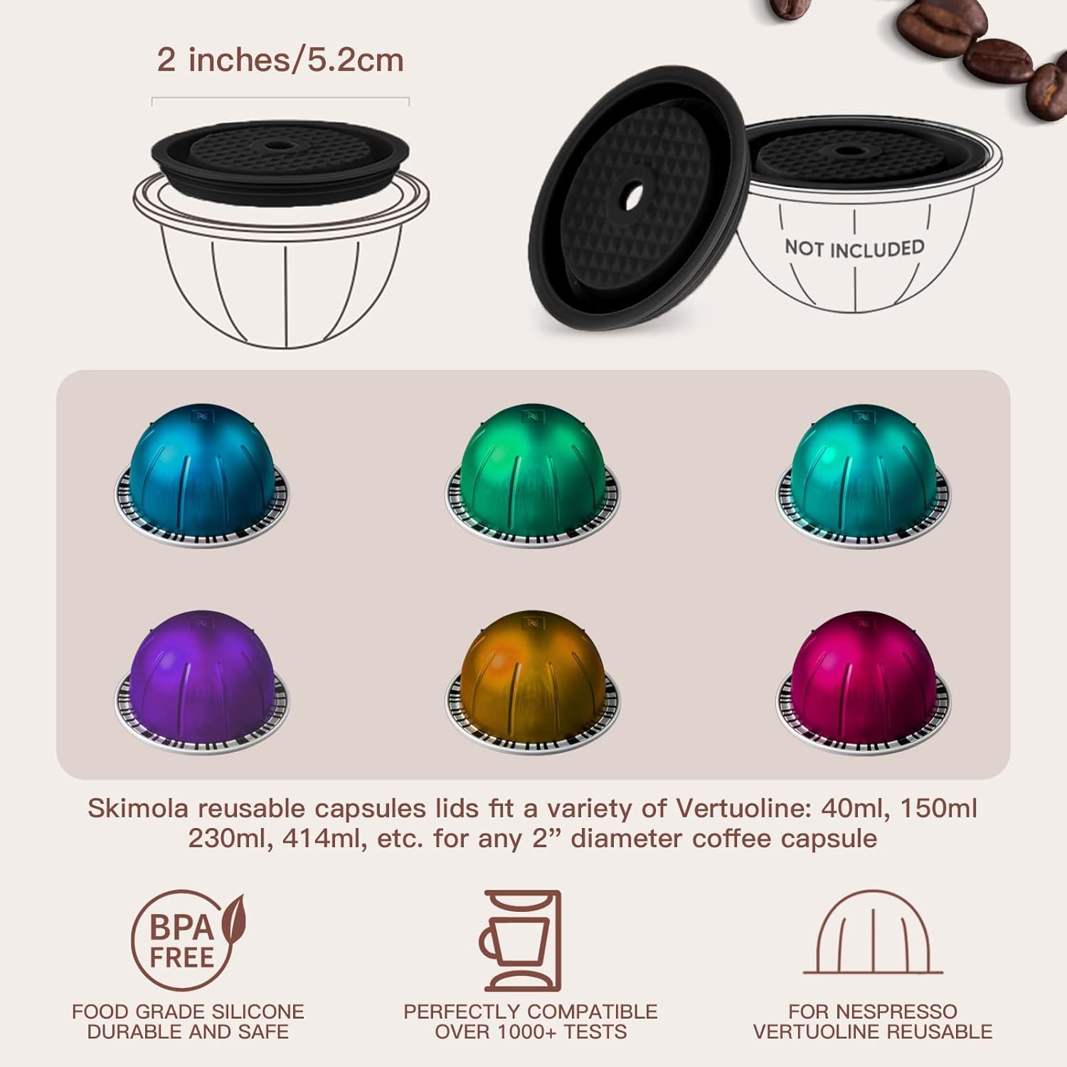 Reusable Coffee Capsule Lids for Original Nespresso Pods Vertuoline, Food Grade Silicone Caps for Any Sizes of Reusable Nespresso Refillable Capsule with Scoop and Brush (Black)
