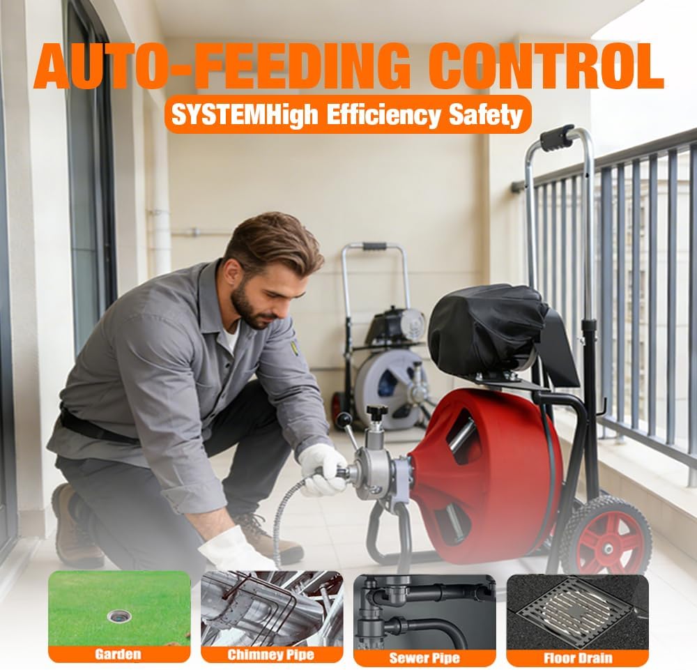 Drain Cleaner Machine 50FT x 3/8 Inch, Auto Feed Sewer Snake Drain Auger - Electric Drain Cleaning Machine Fits 1-1/4 Inch to 2 Inch Pipes, Portable Drain Auger Cleaner with 8 Cutters