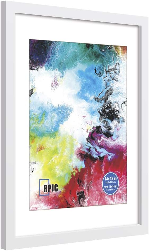 RPJC 14x18 Solid Wood Poster Frames Display Pictures 11x14 with Mat or 14x18 Without Mat for Wall Mounting Hanging Picture Frame White