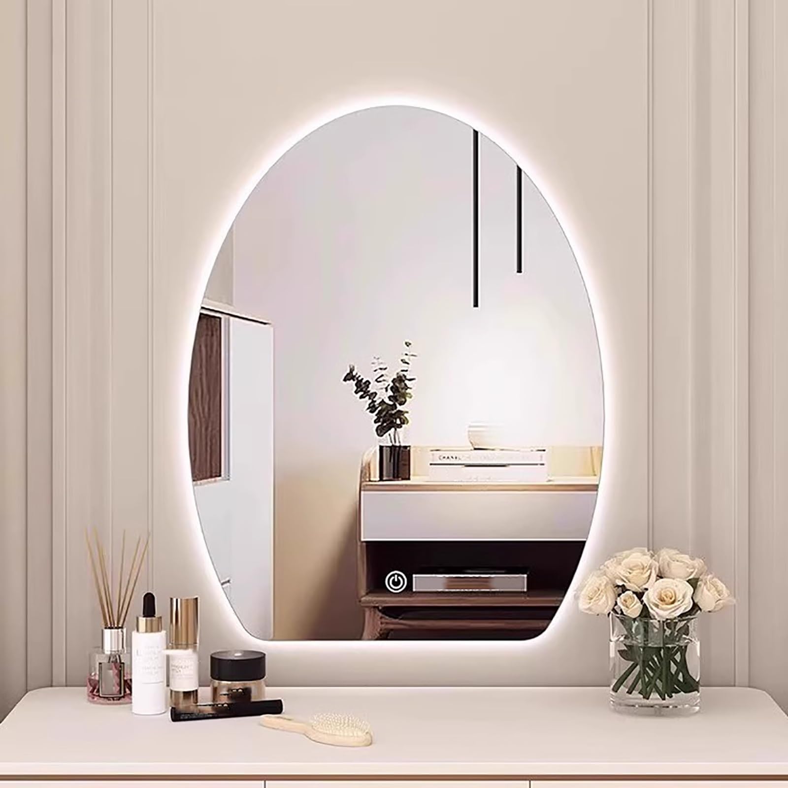 WJFTODAY Dimmable Half Oval LED Bathroom Wall Mirror, Anti-Fog Vanity Mirror with 3 Color Settings, Shatterproof & Wall-Mounted, 50x70cm/20x28in for Modern Bathrooms