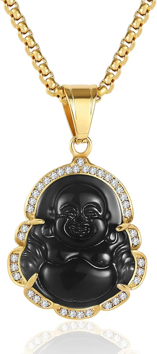 P.BLAKE Laughing Buddha Buddah Necklaces For Women Men, Ice Out Buddha Pendant For Men Women with Stainless Steel Gold Chain 24 inches