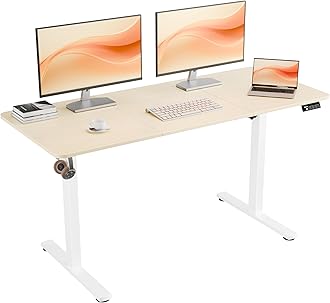 ERGOMAKER Electric Standing Desk, 140 x 60 cm Height Adjustable Sit Stand Desk with Splice Board for Home Office, Computer Table Memory Preset (White Frame, Gold Oak Desktop)