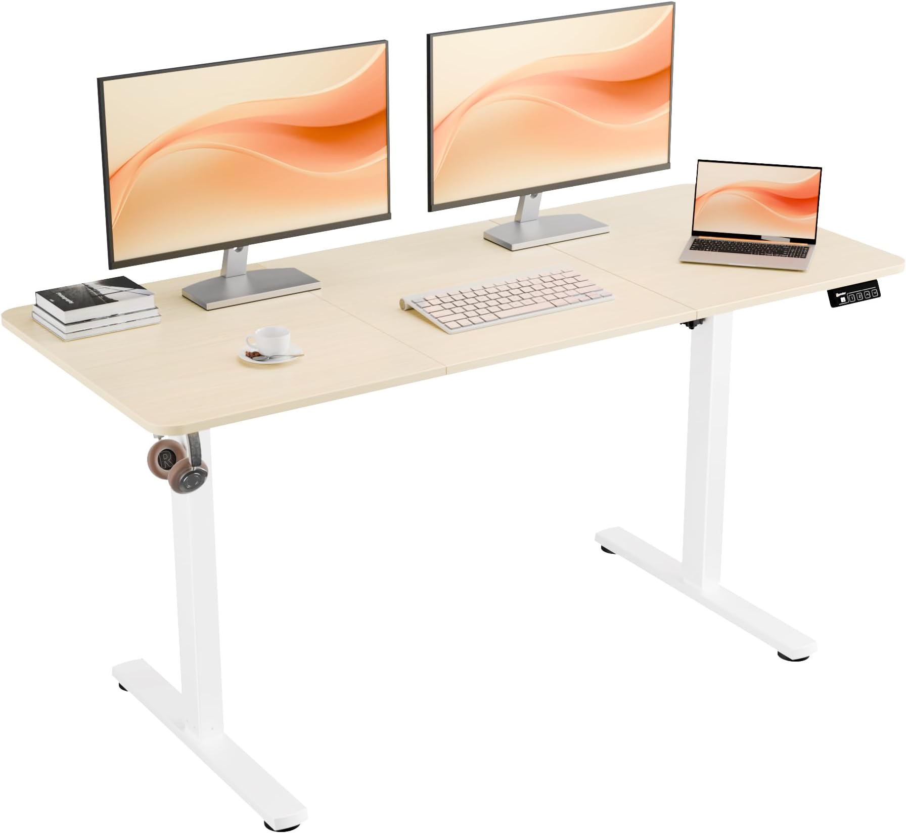 ERGOMAKER Electric Standing Desk, 55" x 23.6" Height Adjustable Sit Stand Desk with Splice Board for Home Office, Computer Desk Memory Preset (White Frame, Gold Oak Desktop)