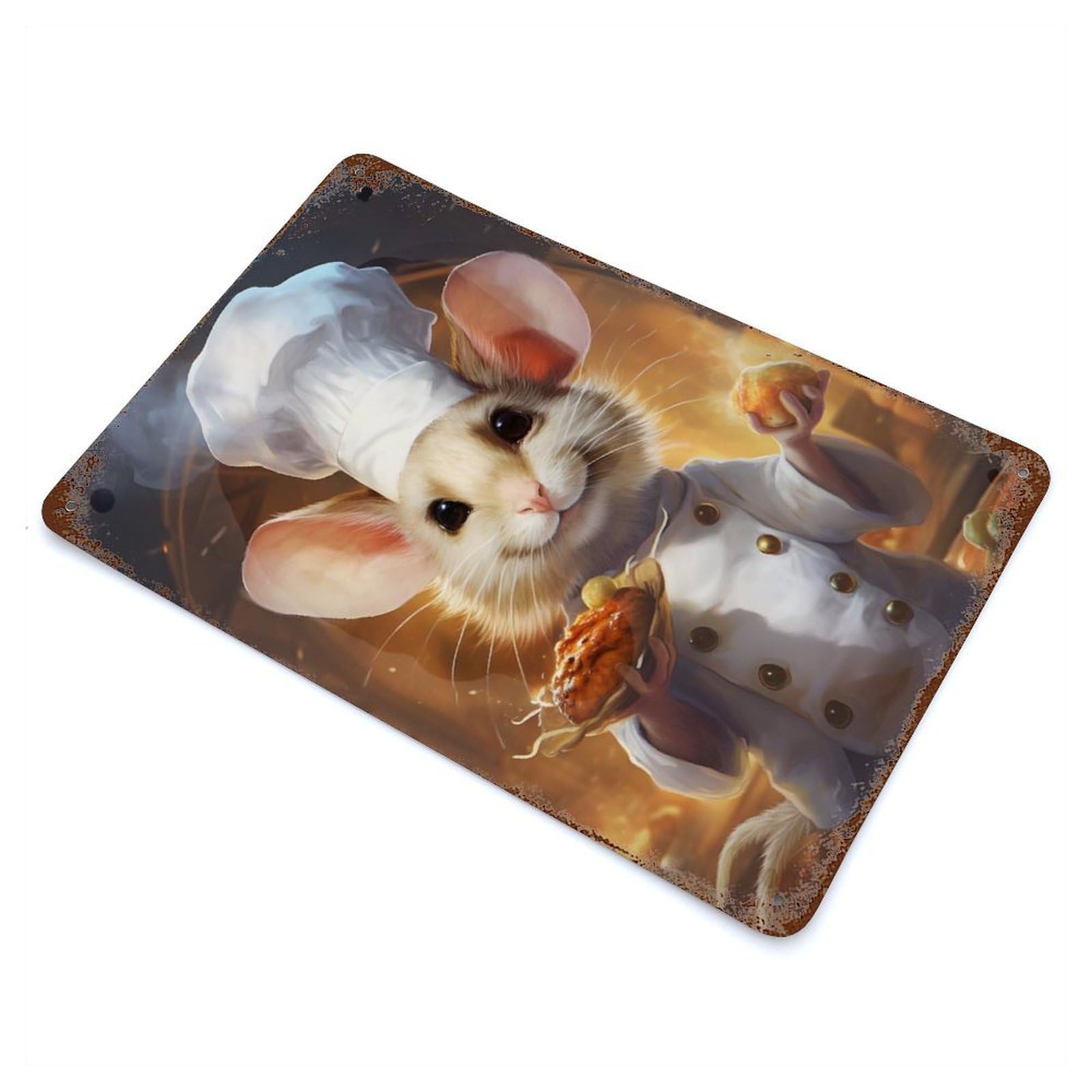 Aged Metal Wall Plaque with Cooking Mouse Chef Uniform Design 11.8"x7.9", for Pub, Kitchen And Man Cave Decor, Shabby Chic Decor