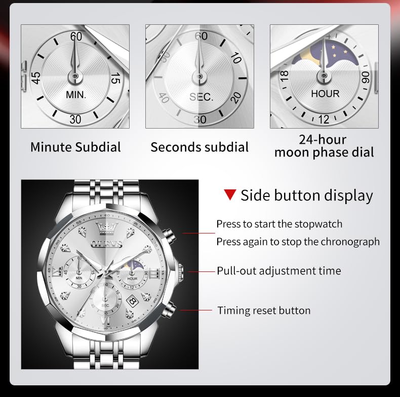 Image of OLEVS Watch for Men Luxury Gold Diamond Chronograph Business Wristwatch with Analog Quartz, Date Calendar, Stainless Steel Band, Luminous Hands, Waterproof