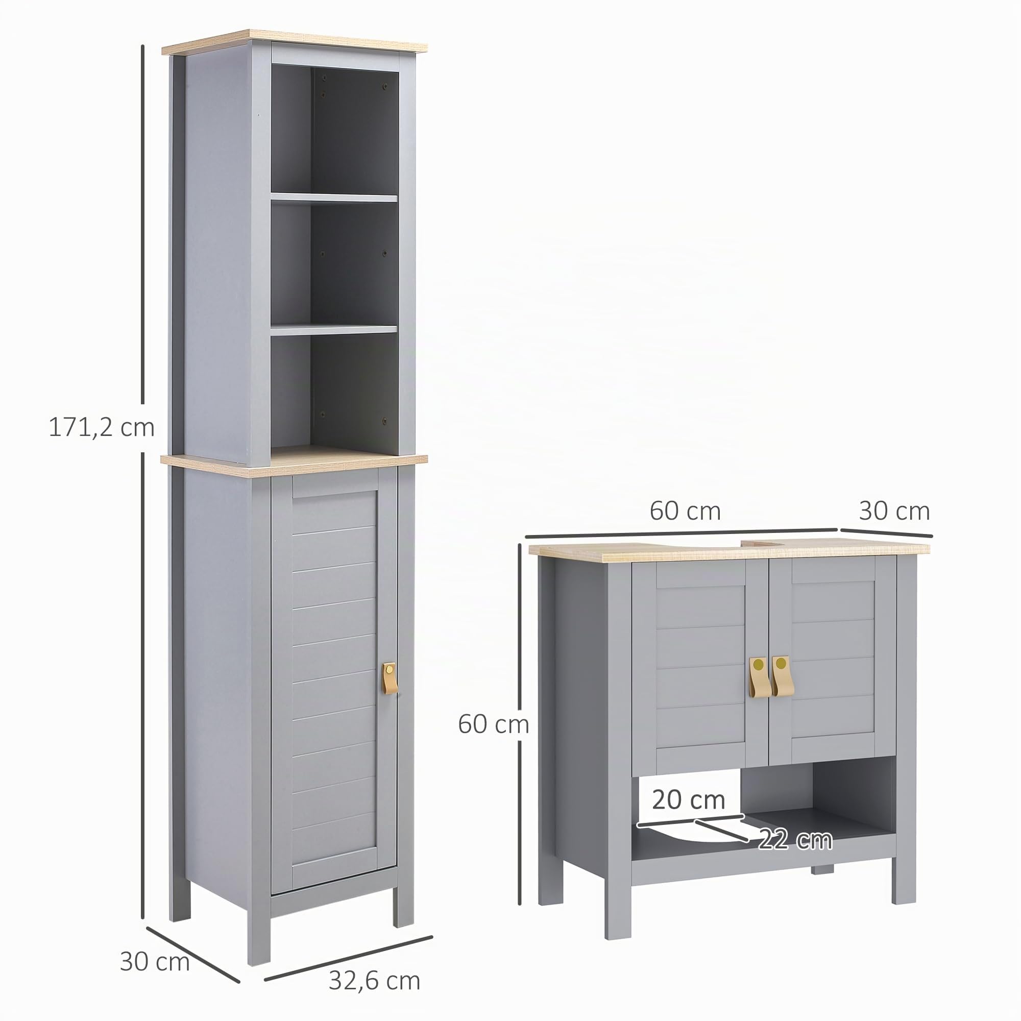 kleankin Conjunto de Baño Estilo Moderno 39x30x168 cm 60x30x60 cm Gris | Juego de Columna de Baño y Mueble para Debajo del Lavabo, con Estante Ajustable