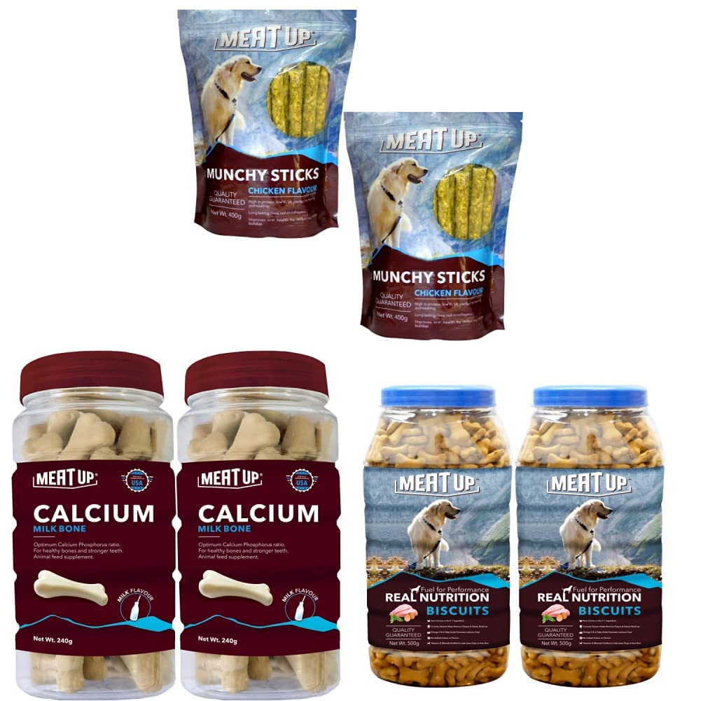 Meat Up Munchy Sticks, Chicken Flavour, Dog Treats, 400 g & Calcium Bone Jar, Dog Supplement Treats - 240 gm, 30 Pieces & Chicken Flavour, Real Chicken Biscuit, Dog Treats -500g Jar (B08L87P3FN) Amazon Price History, Amazon Price Tracker