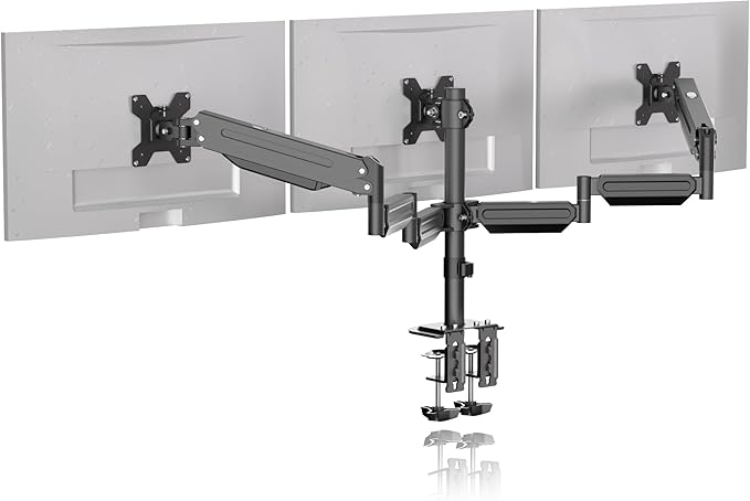 Supporto triplo per monitor, supporto per monitor per 3 monitor, supporto da tavolo regolabile per monitor a molla a gas con rotazione girevole per tre schermi da 17-27" fino a 6 kg ciascuno MD8003