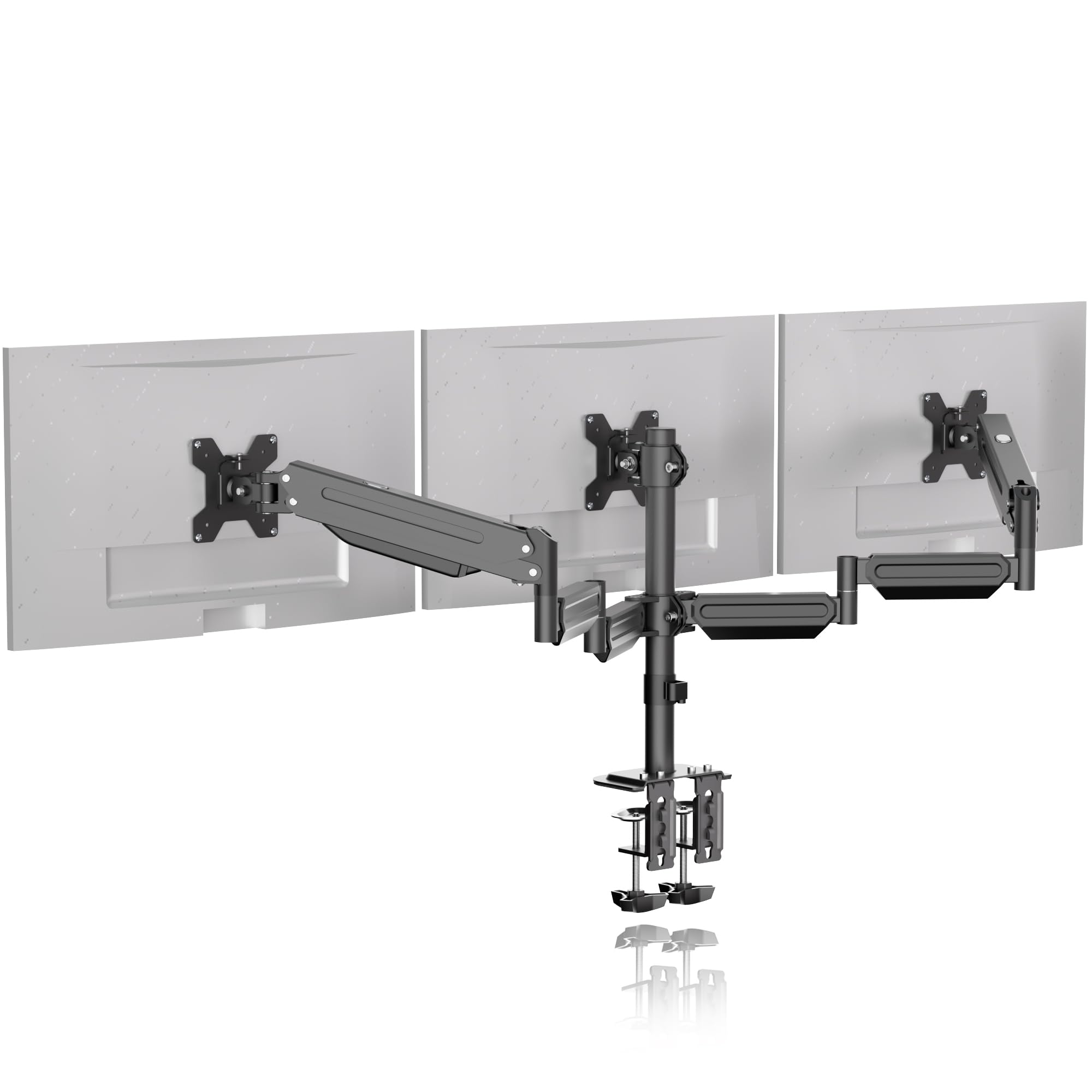 Soporte triple para monitor para 3 monitores, soporte de escritorio ajustable con resorte de gas con rotación giratoria de inclinación para tres pantallas de 17 a 27 pulgadas de hasta 6 kg cada una, 2