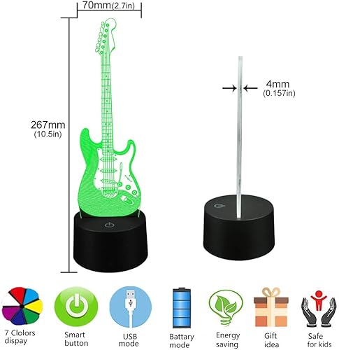 Miniatura 5 de AZIMOM Lámpara de ilusión 3D, guitarra eléctrica, control remoto, 16 colores, luz nocturna para niños, lámparas de noche inteligentes táctiles,