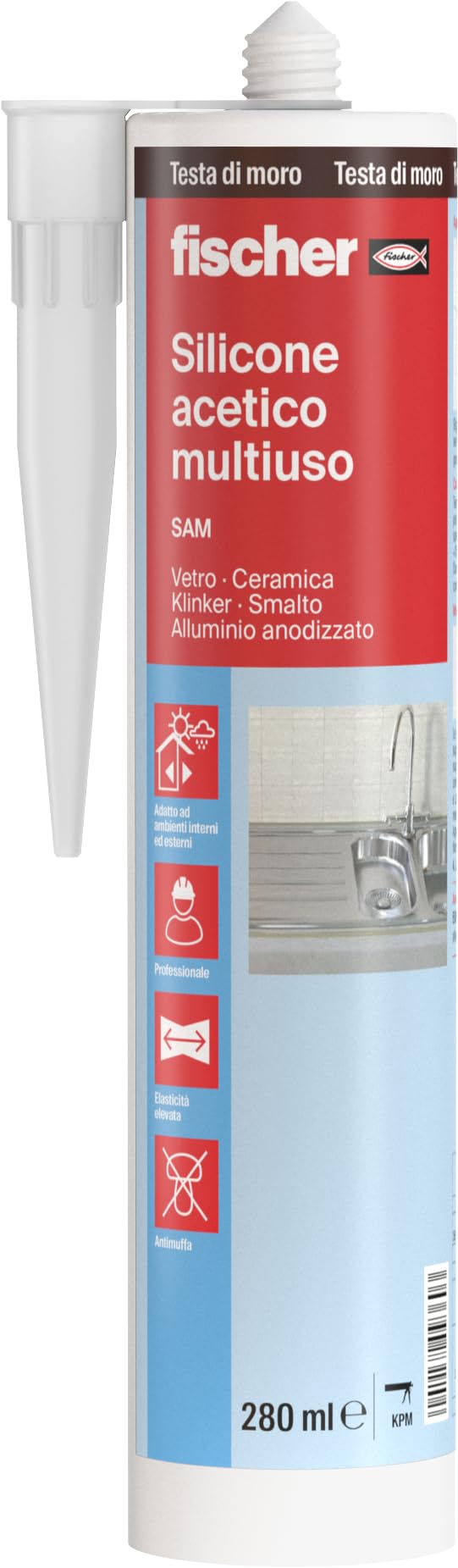 Fischer Silicone Acetico Multiuso Testa di Moro SAM 280 ml, Sigillante Antimuffa per Vetro, Alluminio, Smalto, Ceramica, Adatto per Bagno e Cucina, 9360
