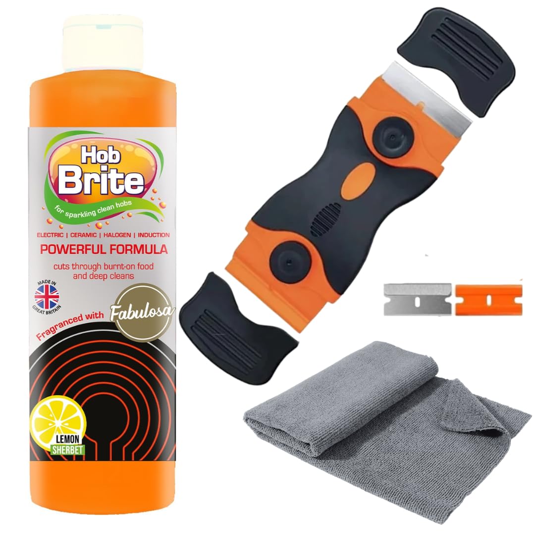 Hob Cleaning Set | Hob Brite Ceramic & Induction Hob Cleaner 300ml | Double-Sided Non-Scratch Hob Scraper Tool + 2 Spare Refills | For Ceramic, Glass & Induction Hobs | Powerful Cooktop Clean
