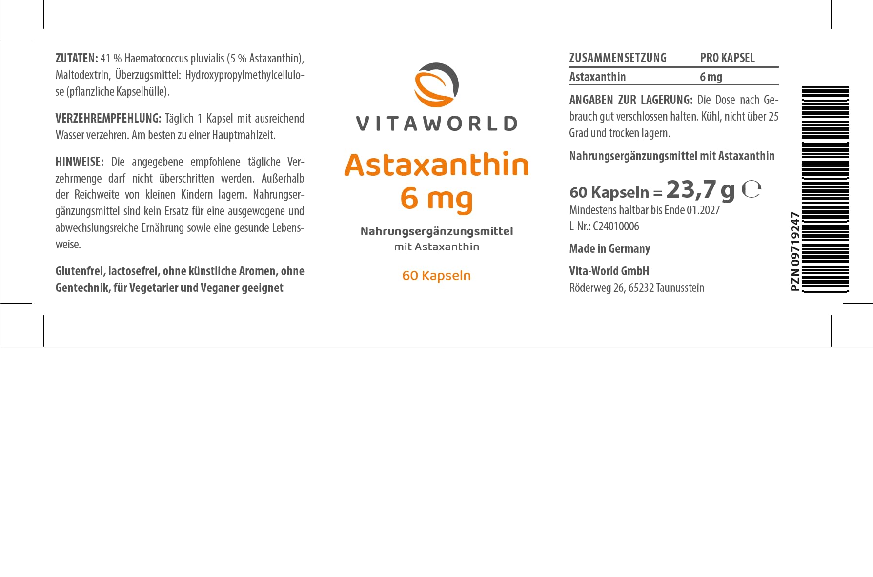 3er Pack Vita World Astaxanthin 6mg 180 Vegi Kapseln Apotheker-Herstellung ohne Zusätze 100 % natürlich aus Haematococcus pluvialis - Vegan