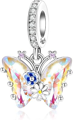 Colorful Flower Butterfly Charm 925 Sterling Silver Charms fits Bracelets and Necklace Pendant Bead Charms Jewelry Present for Women Family Friends