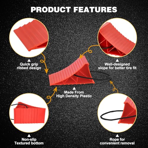 Image of PAHTTO Wheel Chocks, 4Pack Heavy Duty Wheel Chocks with Rope for Easy Removal, Durable, Non-Slip, Hard Plastic Wheel Chocks for, RV, Camper, Effective in Keeping Your Vehicle in Place, Red