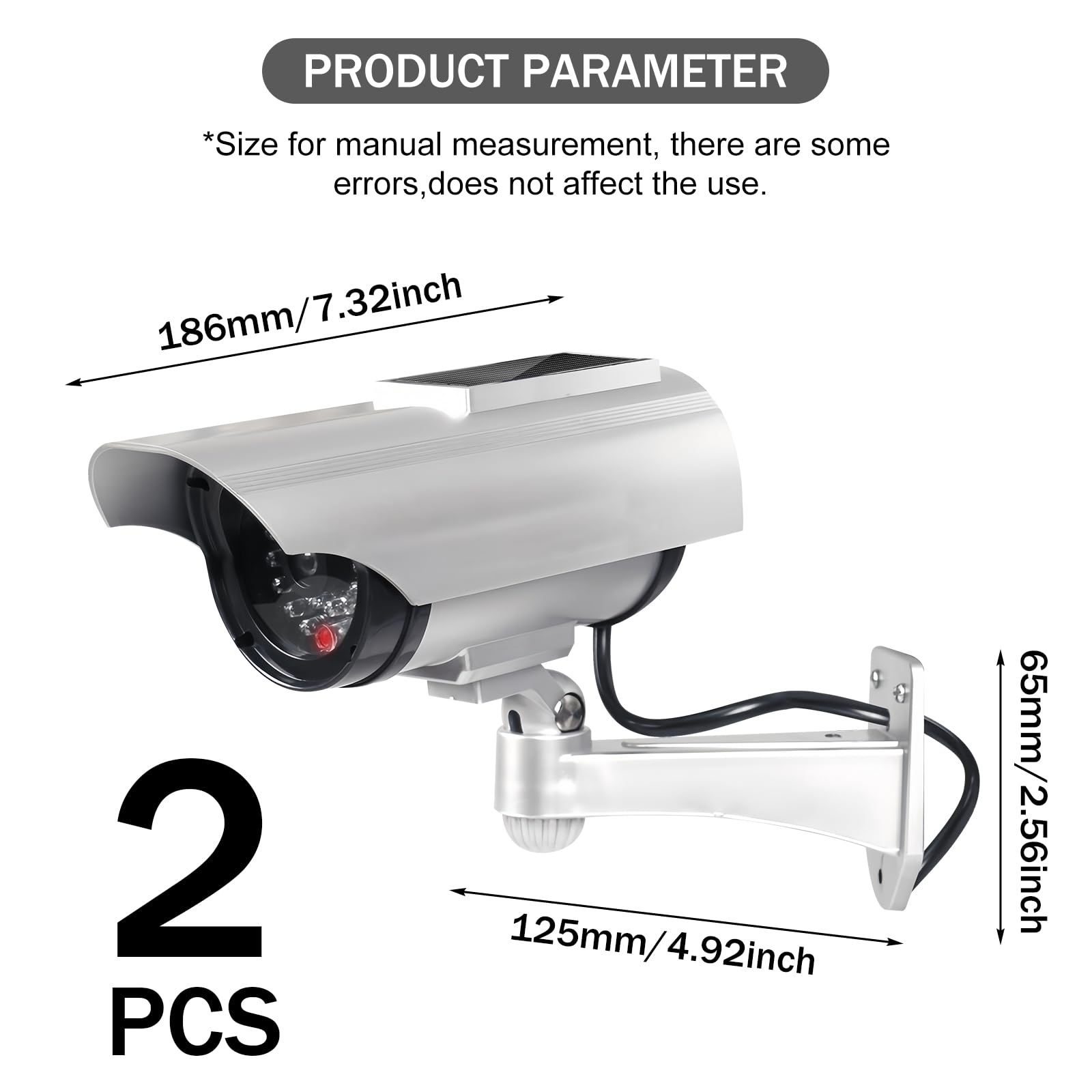 Lot de 2 caméras factices avec lampe solaire extérieure à LED, caméra factice extérieure solaire, fausse caméra de surveillance, pour jardin, ouverture de porte, couloir, caméra de sécurité