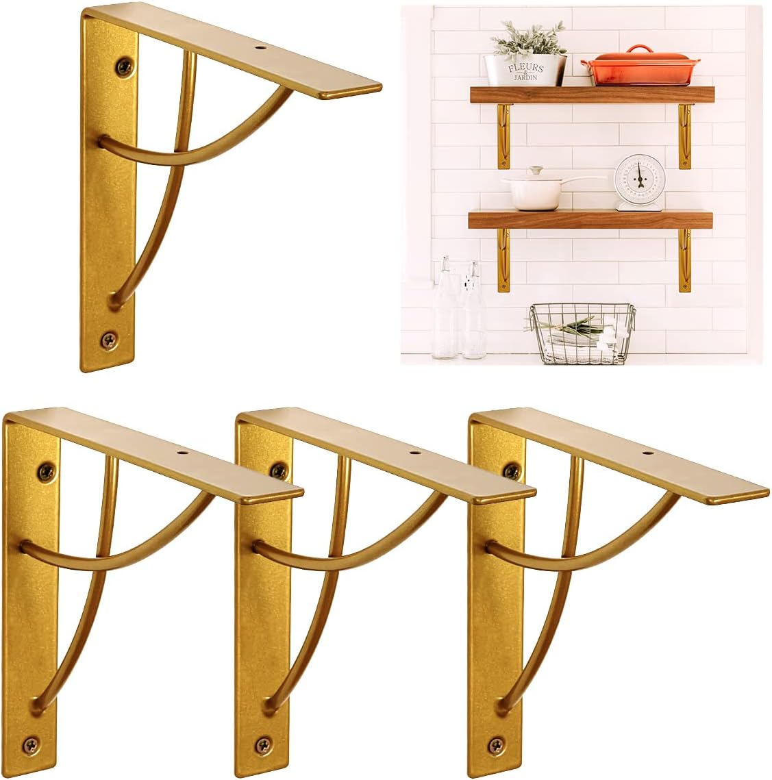 Metal Shelf Brackets, Gold Heavy Duty Shelf Bracket 7 Inch for Floating Shelf DIY Open Shelving Modern L & Cross Design Set of 4