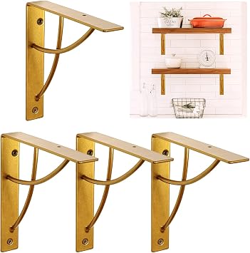 Metal Shelf Brackets, Gold Heavy Duty Shelf Bracket 7 Inch for Floating Shelf DIY Open Shelving Modern L & Cross Design Set of 4