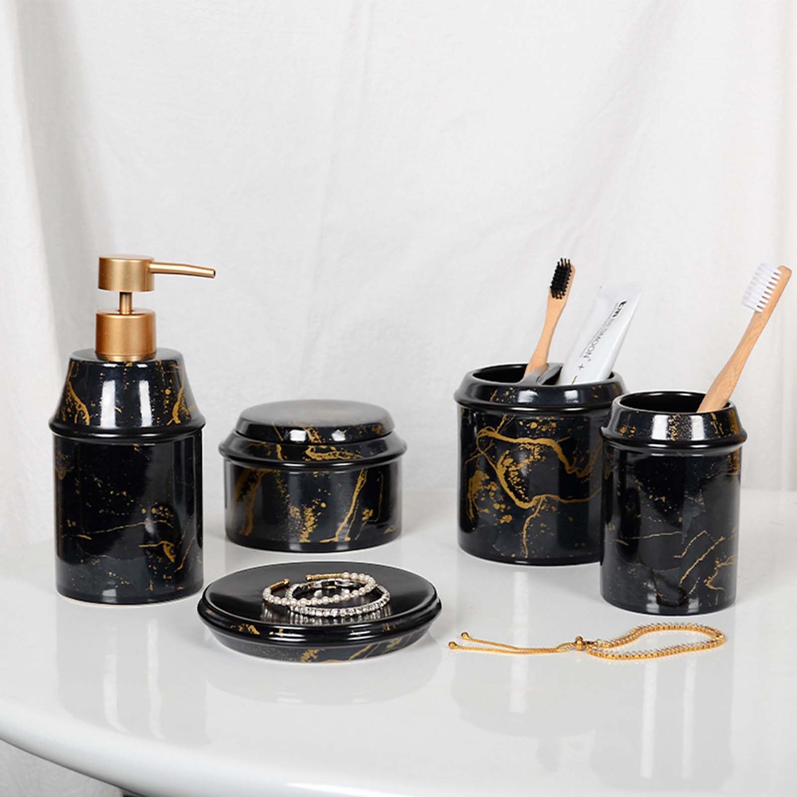 Set Dispensador De Jabón Marmoleado, Set De Baño De Cerámica, con Porta Cepillo De Dientes, Dispensador De Jabón, Jabonera, para La Zona De Lavado.,Negro